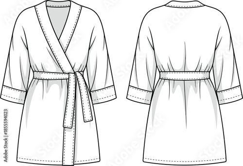 Bathrobe technical fashion flat, front back view kimono robe with belt, apparel design, cad drawing flat vector illustration