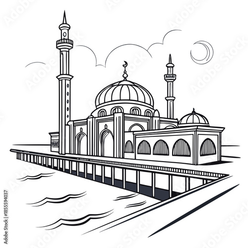 Seaside mosque structure on minimalist pier with two minarets