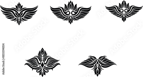 Ornamental tribal wing silhouettes with floral lotus peaks and symmetrical feathered patterns for gothic tattoo branding projects.
