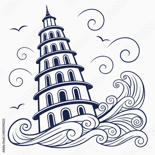 Spiral tower shaped like prayer waves emerging upward