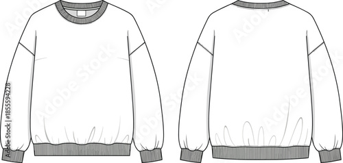 Crewneck sweatshirt front back technical fashion illustration, long sleeve casual apparel design, ribbed collar cuffs hem flat vector