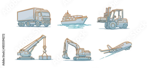 Transportation fleet illustrations trucks ships construction equipment airplane