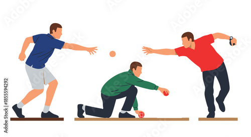 Bocce Ball Players in Action: Men Throwing Balls During a Leisure Sport Game, Vector Illustration Set