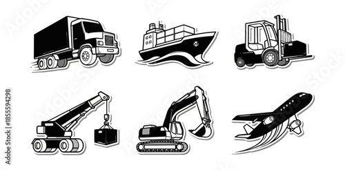 Transportation fleet icons truck ship forklift crane excavator airplane