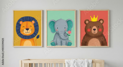 Cute cartoon animal nursery art prints featuring a lion, elephant, and bear