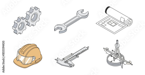 Engineering and construction tools set isolated on black background