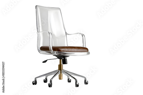 Modern executive office chair with clear acrylic back and rich brown leather seat blends style and comfort