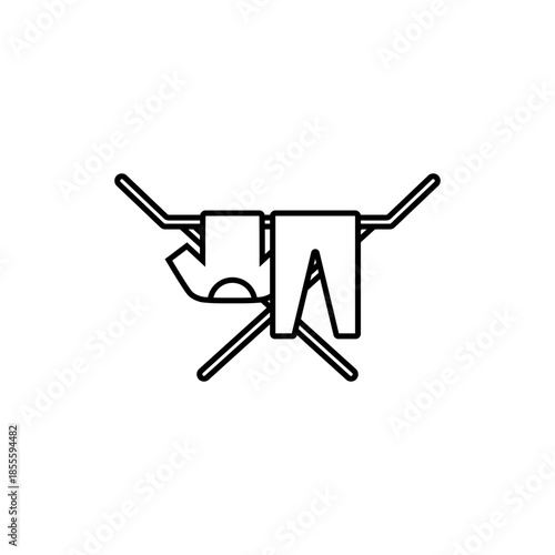 Clothes drying rack icon. Stand for dryer clothes. Portable folding clothes drying rack with a shirt and pants hanging to dry. Isolated vector illustration on white background.