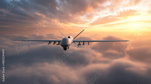 Unmanned aerial drone flying above clouds during a dramatic sunset.
