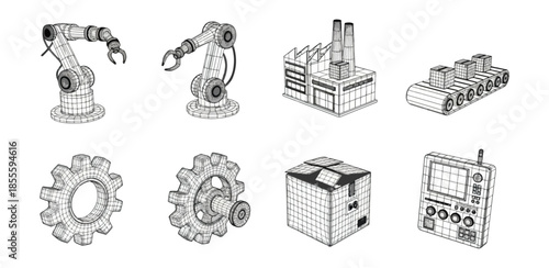 Industrial automation and manufacturing icons set in black and white
