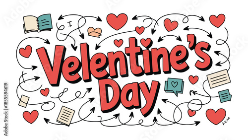Valentine's Day Delight: An artistic Valentine's Day illustration with hearts, arrows, and other elements, evokes feelings of love and affection. 