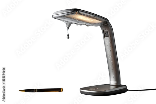 Modern desk lamp with dripping water and luxury pen, capturing innovation and creative flow