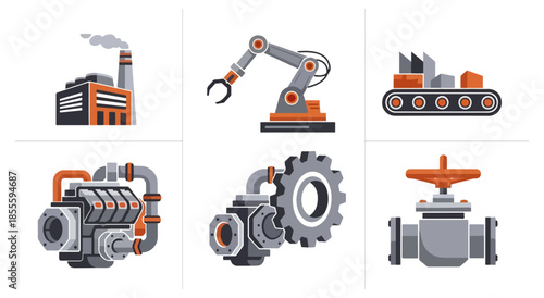 Industrial icons set of factory buildings robotic arm and machinery elements