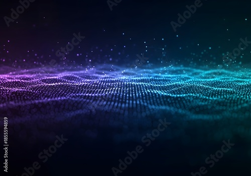 Abstract Digital Wave Background with Glowing Particles and Blue-Purple Gradient for Technology and Data Concepts