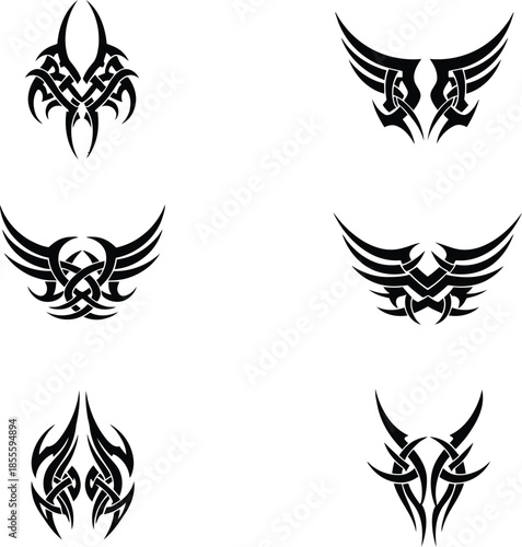 Tribal vector wing symbols with gothic aesthetic and sharp geometric patterns for creative tattoo art and modern apparel.