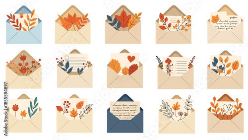 A charming collection of open envelopes filled with autumn leaves, berries, and handwritten letters, perfect for fall greetings.