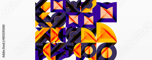 Abstract geometric composition. Shapes overlap, creating dynamic visual texture. Orange, purple dominate palette. Modern design.
