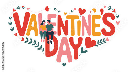 Valentines Day of love: A heartwarming depiction of Valentine's Day, featuring a loving couple amidst a heart-shaped floral design, embodies the essence of love and togetherness. 