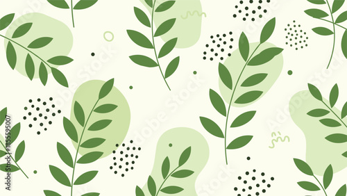 A modern and minimalist abstract background with green botanical leaves, organic shapes, and dots for a natural and trendy design.