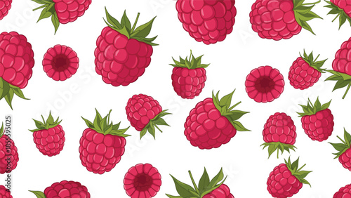 A vibrant and juicy seamless pattern of ripe red raspberries with green leaves scattered on a clean white background for a fresh look.