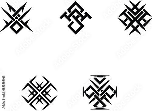 Set of black geometric tribal tattoo vector illustrations featuring abstract sharp symbols and nordic rune graphic elements.