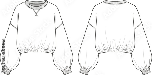 Women cropped sweatshirt front and back view technical fashion illustration, casual apparel design line vector isolated on white background