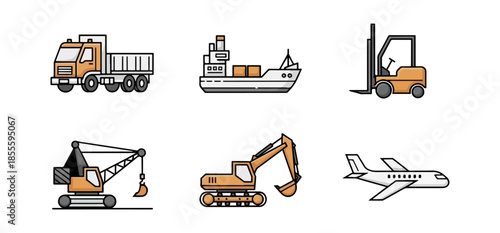 Transportation icons collection truck ship airplane forklift excavator crane