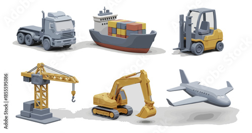 Transportation icons collection truck ship airplane forklift excavator crane