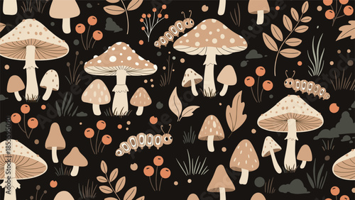 A whimsical seamless pattern with cute mushrooms, caterpillars, and berries creating a magical forest theme on a dark background.