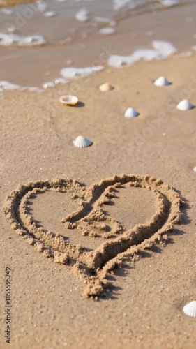 A girl draws a heart with her finger on wet sand. The frame shows her right hand, which draws a heart symbol with its finger.