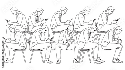 Illustration depicts multiple suited businessmen sitting in rows while uniformly focusing their complete attention downward onto small handheld mobile smartphones in a waiting area
