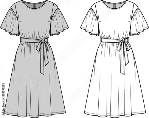 Women flutter sleeve midi dress front view technical fashion illustration, belted summer outfit cad drawing flat vector design