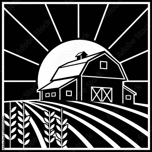 Graphic black and white illustration of a classic farm barn with cultivated fields and a radiant sun, symbolizing rural life, agricultural growth, and natural abundance