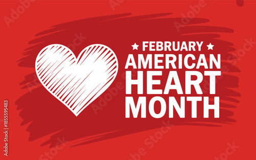 Red background with white heart and American Heart Month text