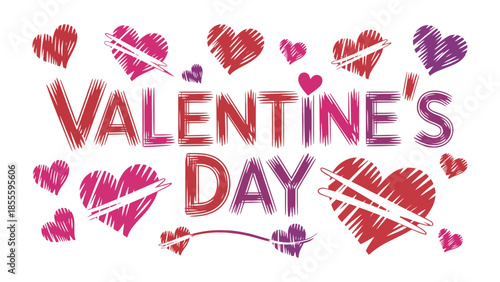 Valentine's Day Hearts: A whimsical design of colorful hearts and the words Valentine's Day creatively arranged to express the warmth and affection of the season. 