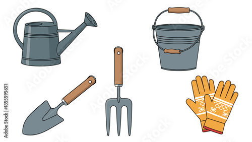 A collection of essential gardening tools, including a watering can, trowel, fork, bucket, and gloves, in a hand-drawn style.