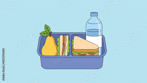 A healthy school lunch packed in a container with a sandwich, a fresh pear, and a bottle of water on a blue background.