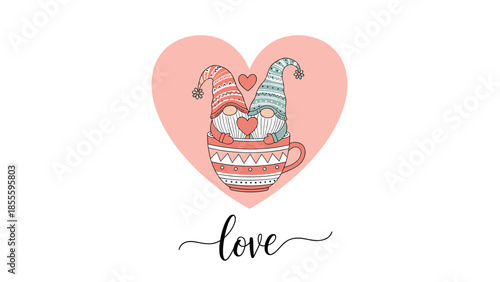 A cute Valentine's Day card illustration of two gnomes in love sitting inside a teacup with a large pink heart background.