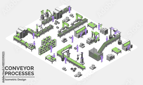 Cartoon Color Assembly Lines Conveyor Processes Factory with Male and Female Workers Concept 3d Isometric View Line Elements. Vector illustration