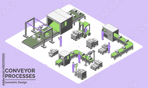 Cartoon Color Conveyor Processes Factory Concept 3d Isometric View Line Elements Automated Label Packaging, Handling Unit and Box Flow Terminal . Vector illustration