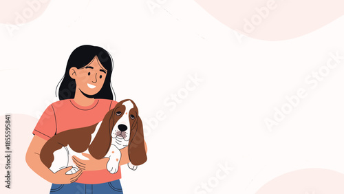 A happy young woman lovingly holds her cute basset hound puppy, illustrating the bond between a pet and its owner, with copy space.