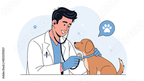 A friendly male veterinarian examining a calm and happy dog with a stethoscope during a check-up at a veterinary clinic.
