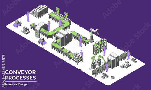 Cartoon Color Conveyor Processes Factory Concept 3d Isometric View Line Elements Automated Loading Tray, Waterhouse Packing Conveyor and Box Pack Station. Vector illustration