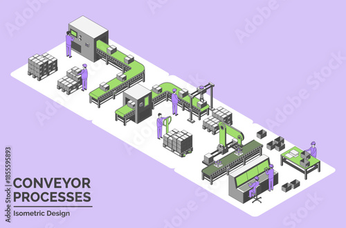 Cartoon Color Conveyor Processes Factory Concept 3d Isometric View Line Elements Box Flow Terminal, Automated Handling Unit and Assembly Inspection Line. Vector illustration