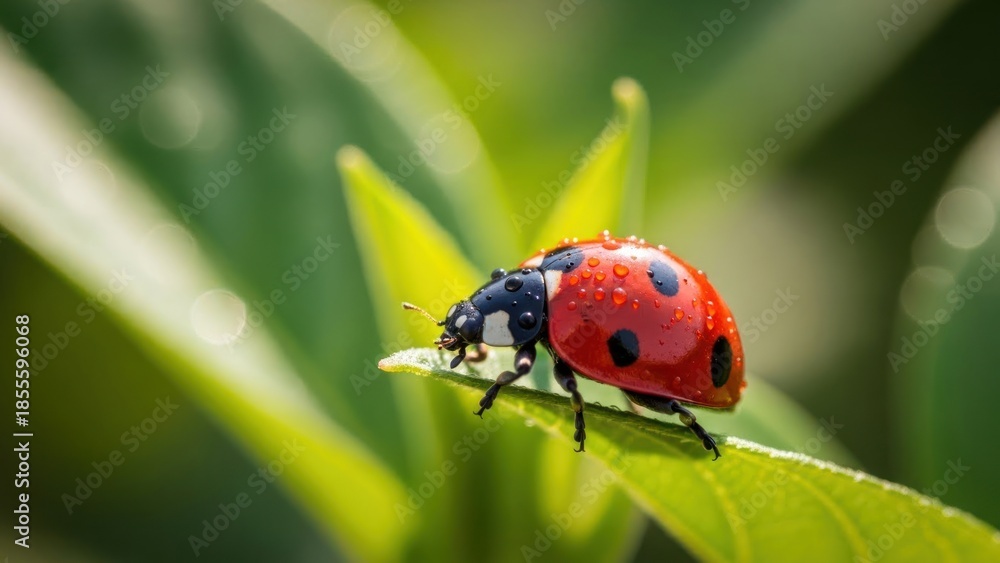 Fototapeta premium Macro shot of ladybug covered in water droplets on bright green leaf.
