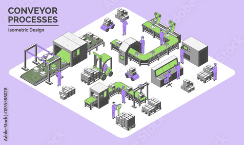 Cartoon Color Conveyor Processes Factory Concept 3d Isometric View Line Elements Label Packaging, Assembly Inspection Line, Loading Tray and Handling Unit. Vector illustration