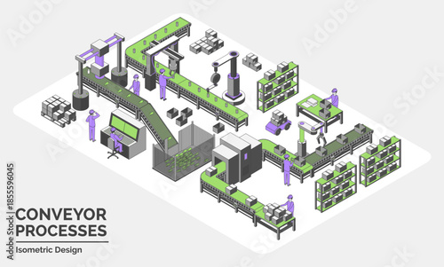 Cartoon Color Conveyor Processes Factory Concept 3d Isometric View Line Elements Waterhouse Packing, Cargo Rise and Robotic Filling Conveyor. Vector illustration