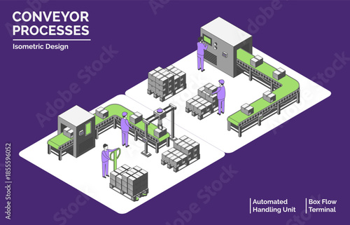 Cartoon Color Conveyor Processes Factory Concept 3d Isometric View Line Elements Box Flow Terminal and Automated Handling Unit . Vector illustration