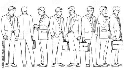 Collection of male business professionals shown from various angles and poses wearing classic suits while holding briefcases or adjusting attire