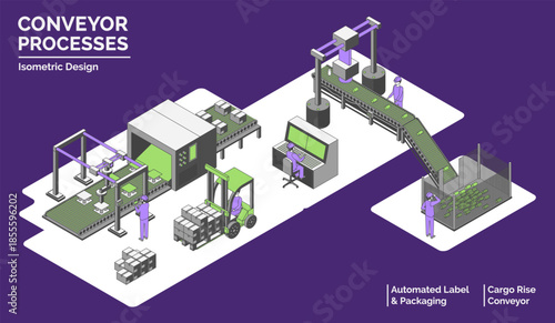 Cartoon Color Conveyor Processes Factory Concept 3d Isometric View Line Elements Automated Label Packaging and Cargo Rise Conveyor. Vector illustration